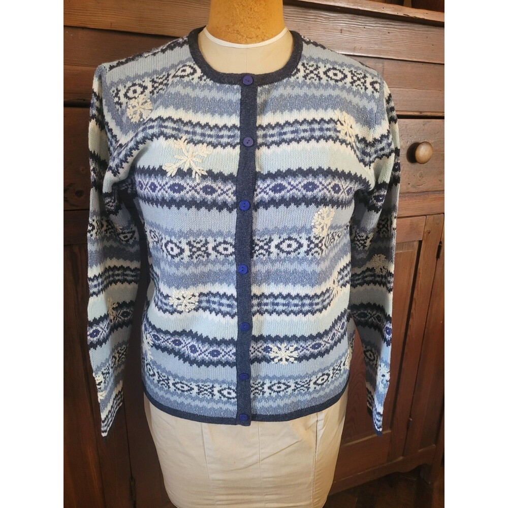 Talbots Womens Vintage sz MED Sweater Button Front Snowflakes Cardigan 80% WOOL